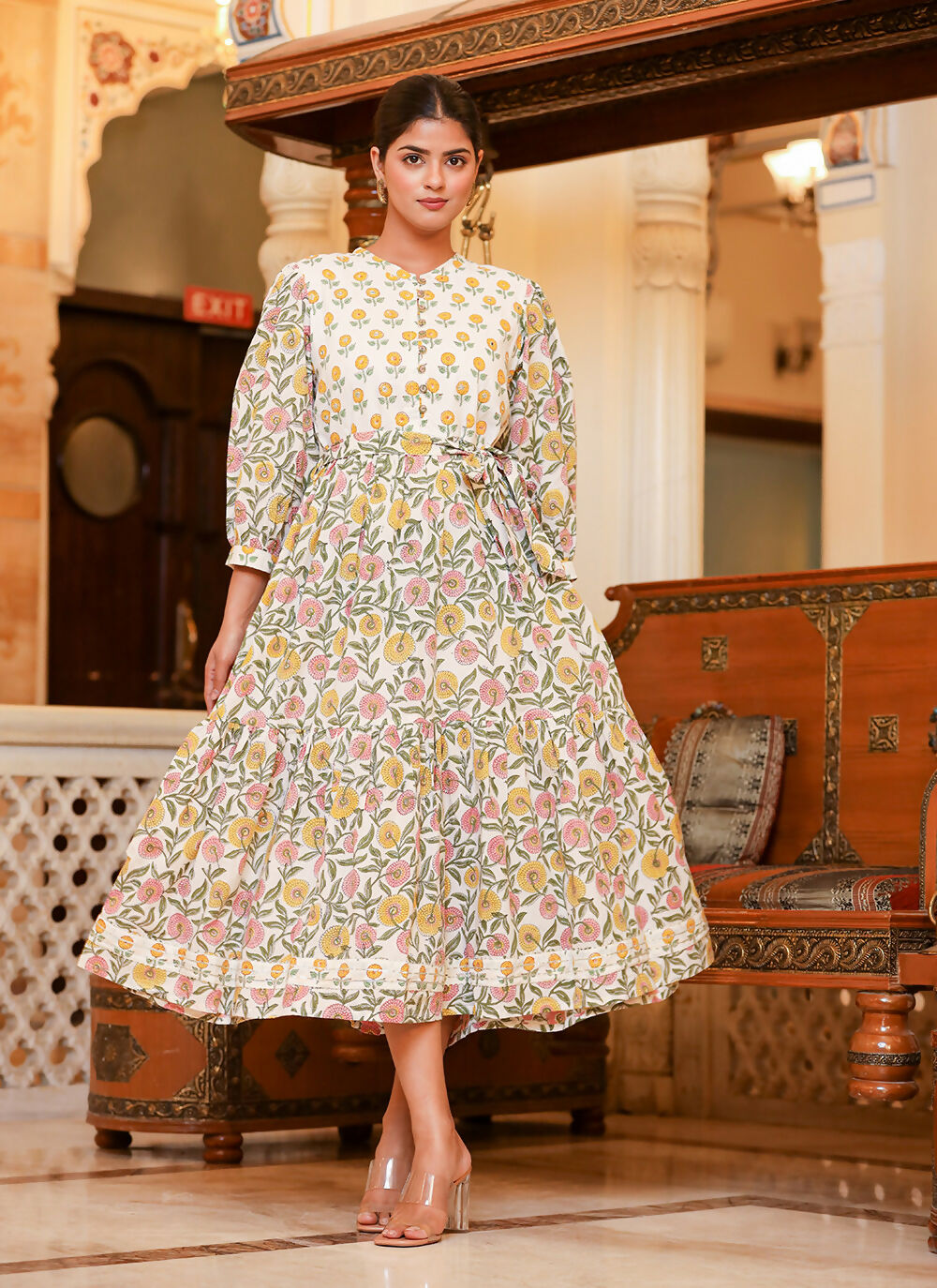 Kaajh Women's White-Pink Floral Print Handblock Dress