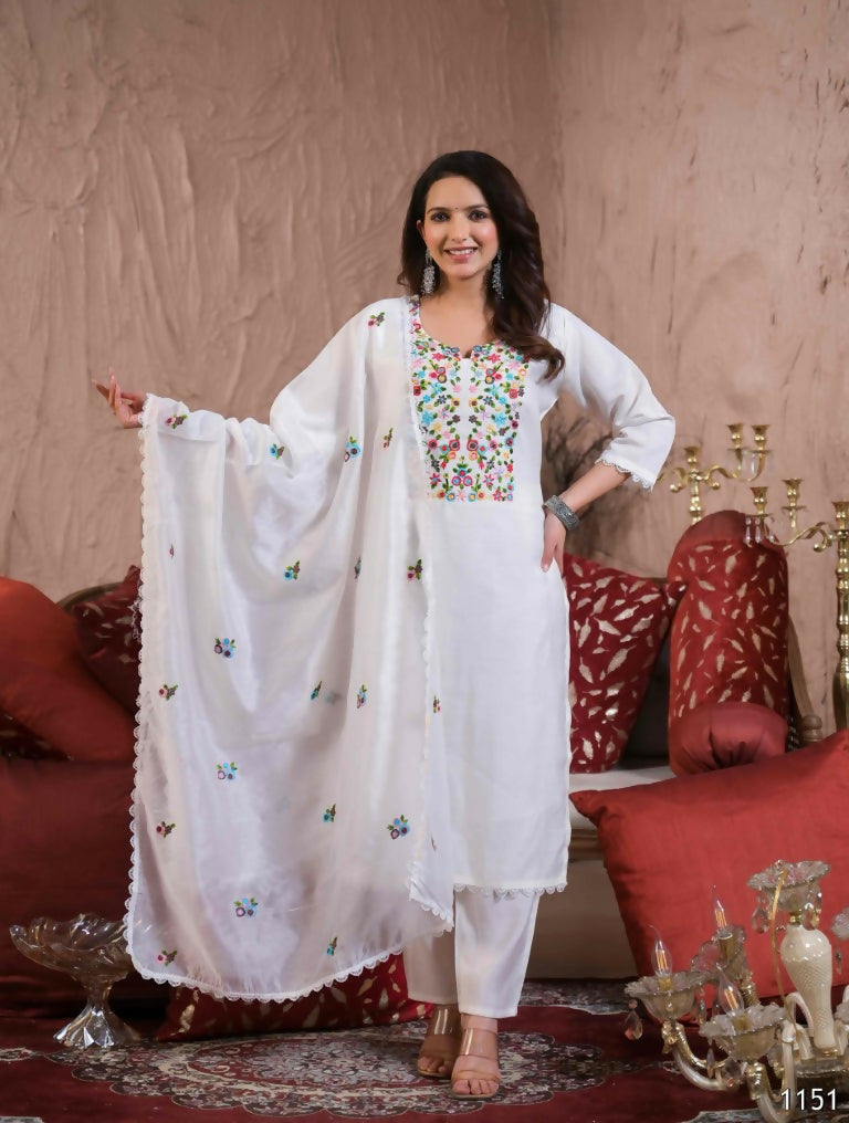 Ethnic Festive Wear Chanderi with Cotton Lining White Stitched Suit With Dupatta - Tanisha