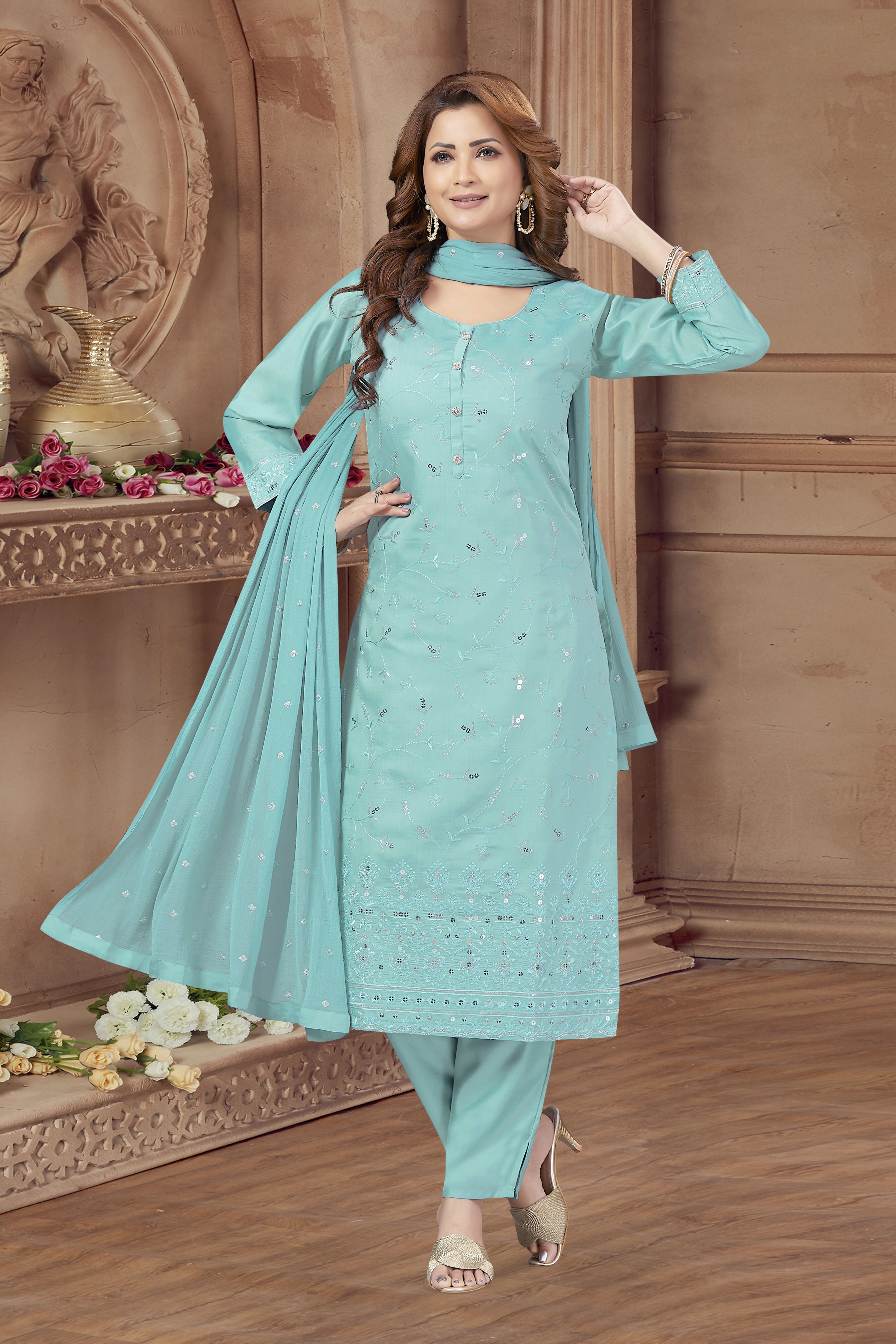 Joban Fashion Firozi Soft Silk Sequin Work Kurta Set