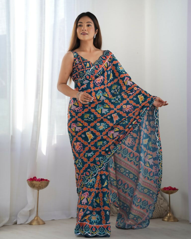 Nevy Blue Chinon Designer Digital Printed & Mirror Cut Work Saree - Kriti