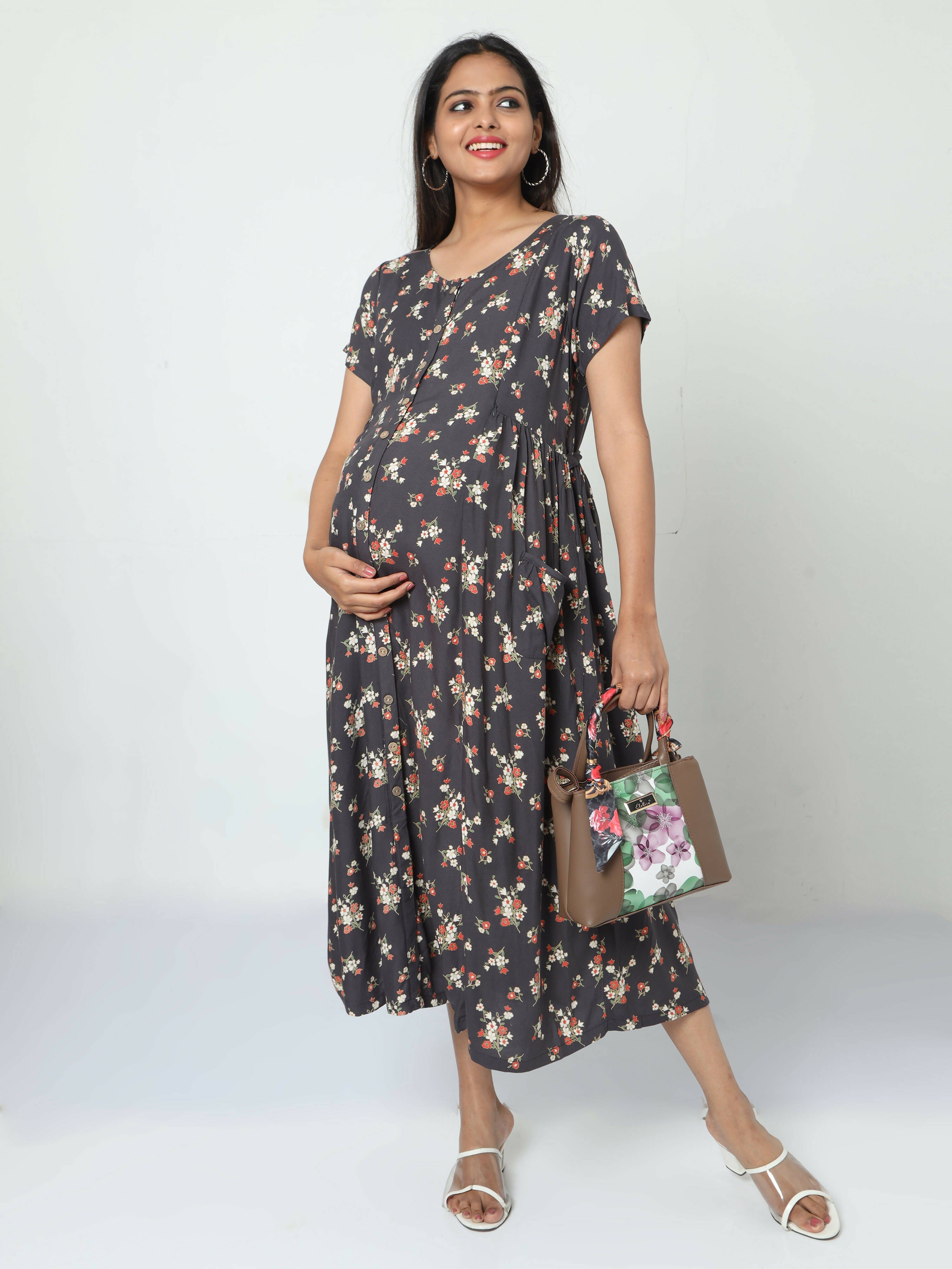 Manet Short Sleeves Maternity Dress Floral Print With Concealed Zipper Nursing Access - Navy Blue