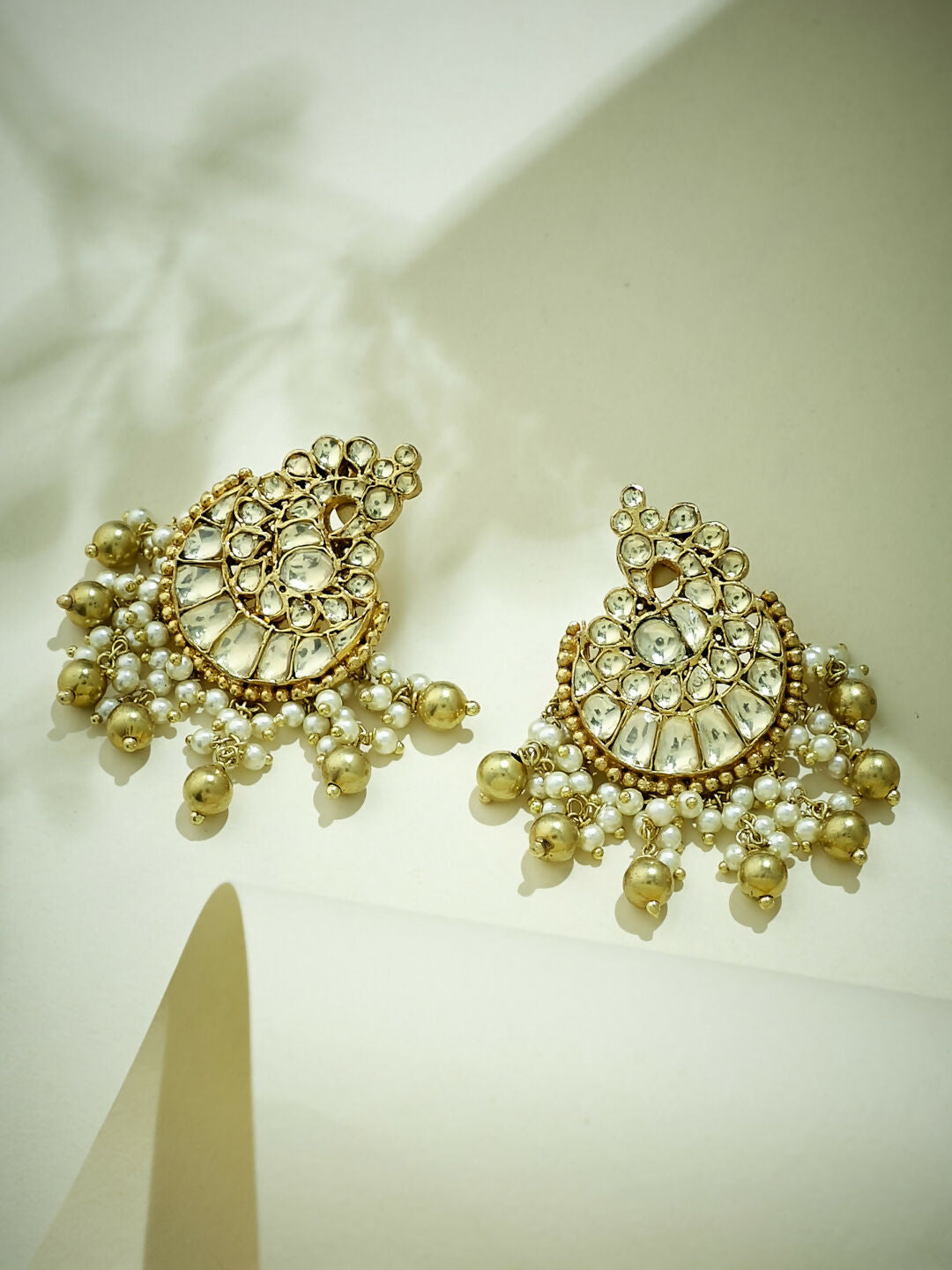 Nuyug 22K Gold-Plated Kundan Stone Studded & Pearl Drop Beaded Crescent Shaped Chandbalis