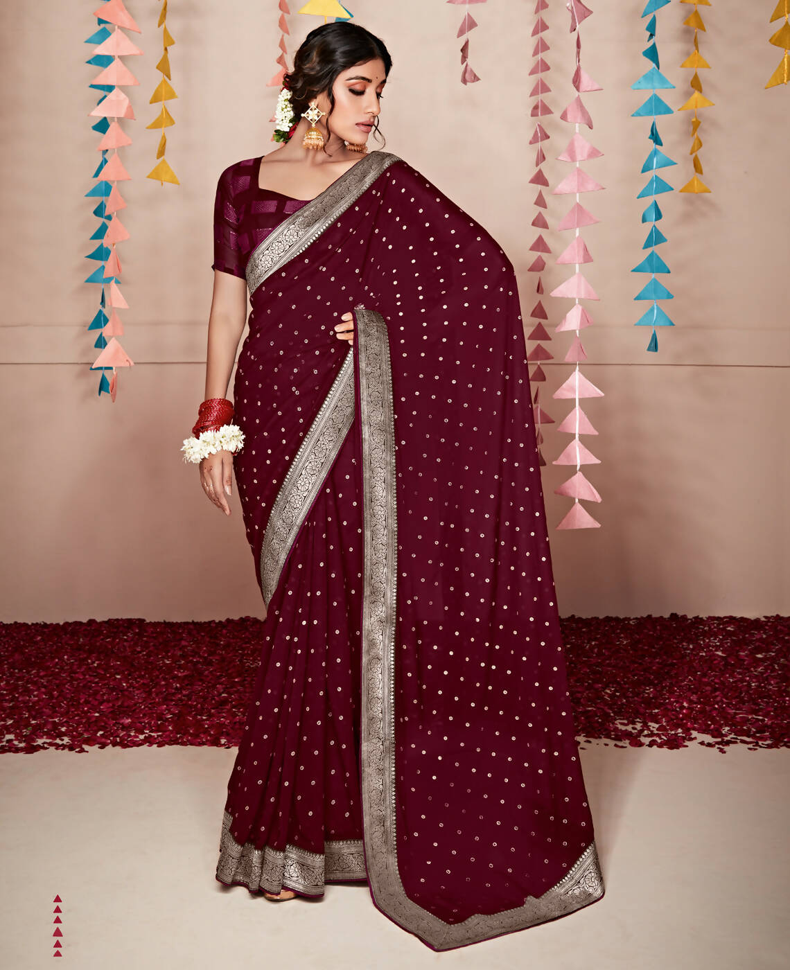 Wine Georgette Foil Printed Saree With Unstitched Blouse Piece - Nitya