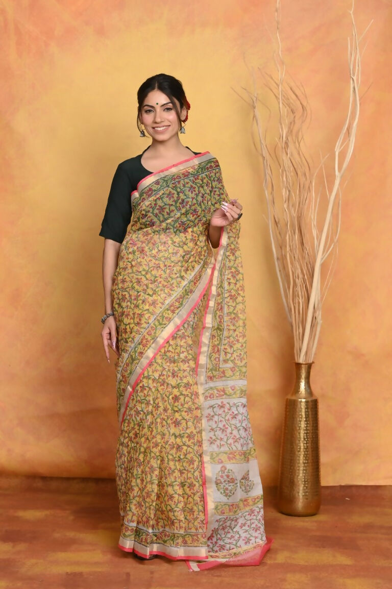 Very Much Indian Pure Kota Cotton Handblock Printed Saree - Yellow