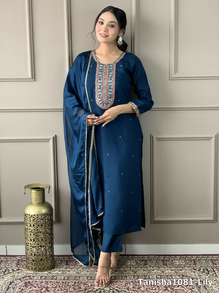 Blue Viscose Chanderi Stitched Suit With Dupatta - Tanisha