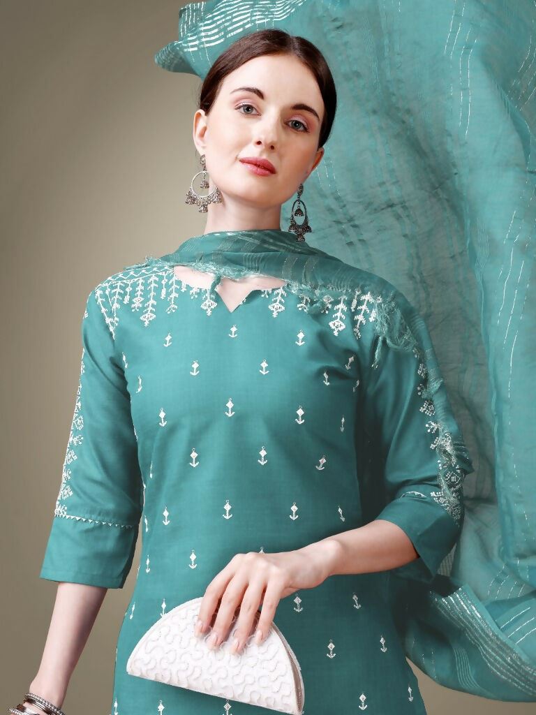 Jyoti Fashion Women's Teal Cotton Blend Embroidery & Sequence work Kurta with Trouser & Dupatta