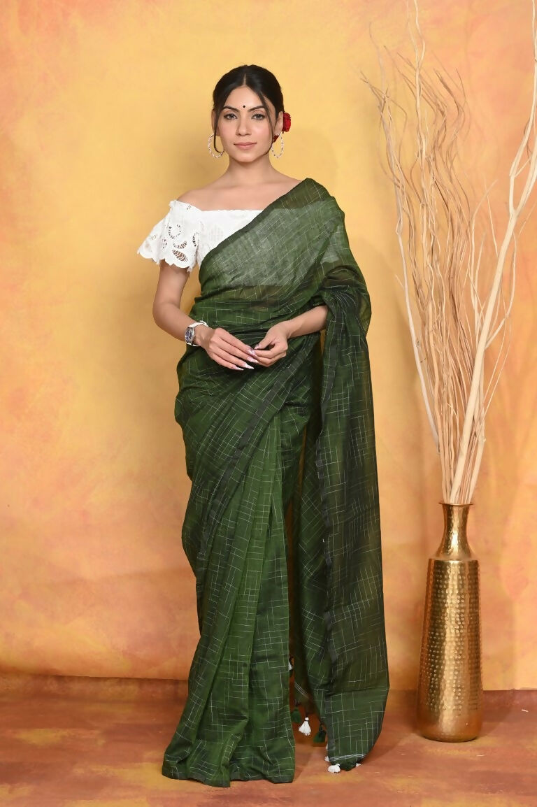 Very Much Indian Mul Cotton Khadi Design Handloom Woven Saree - Green
