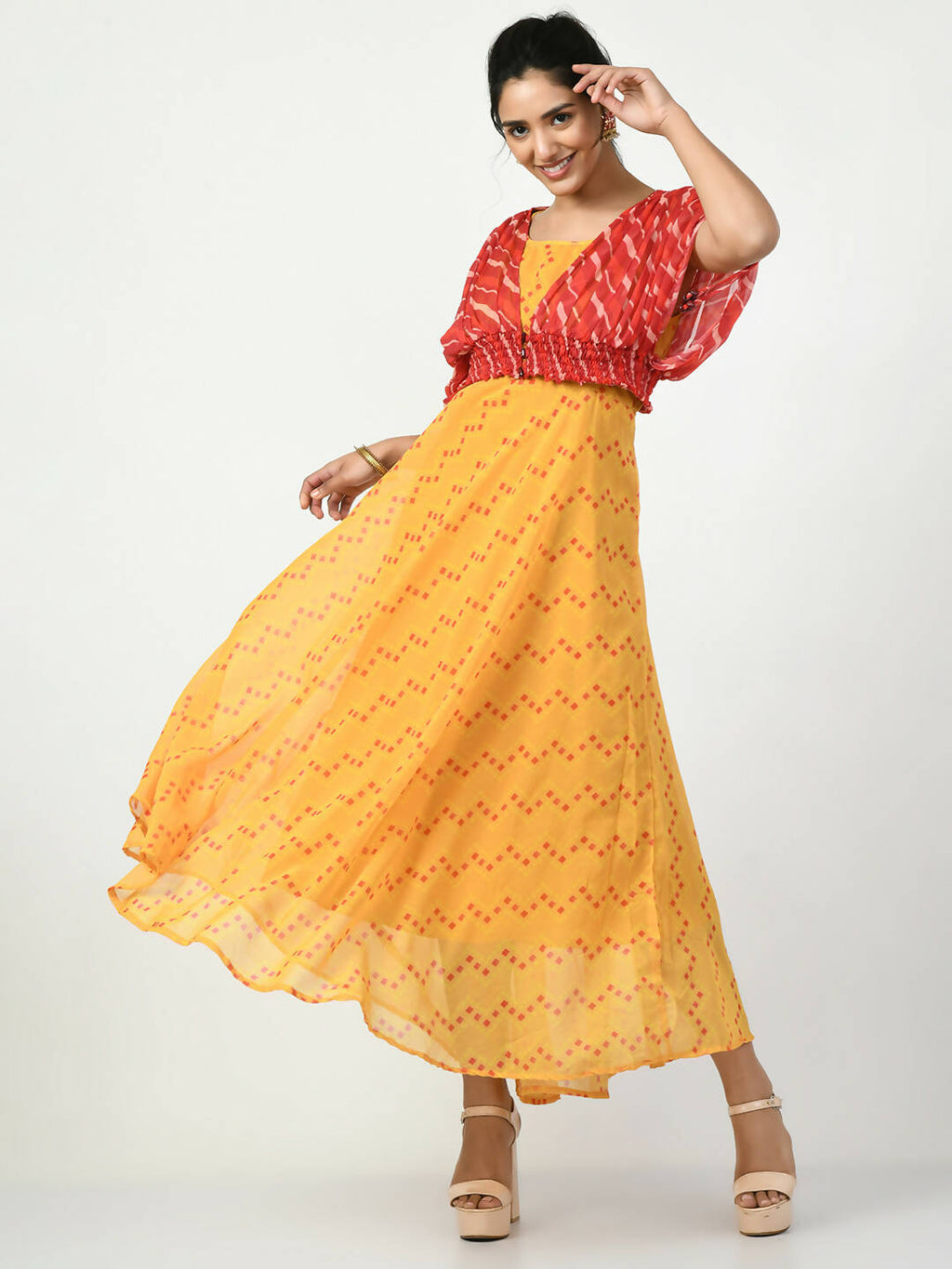 Myshka Women's Yellow Empire Printed Dress