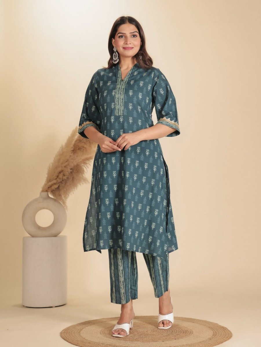 Aramya Blue Soft Cotton Block Print Straight Kurta Set for Women