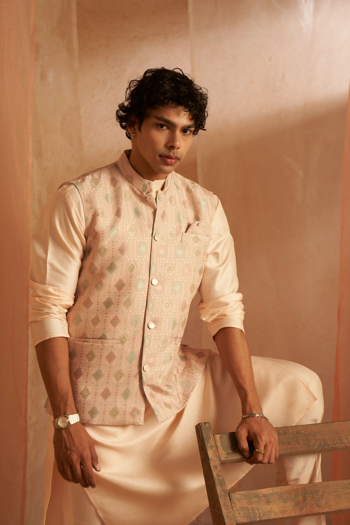 Peach Viscose Designer Printed Men's Kurta Set with Koti - Mahotsav