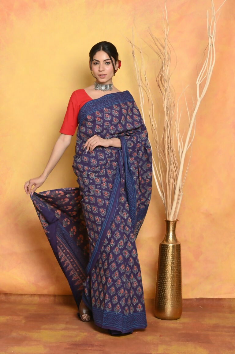 Very Much Indian Handblock Printed Cotton Saree With Natural Dyes - Blue
