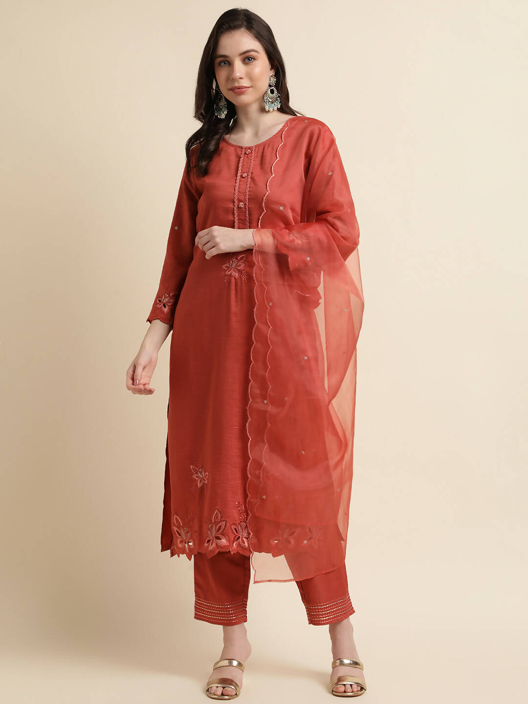 Orange Chinon Silk Embroidered Straight Kurta with Trouser & Dupatta - Salimar