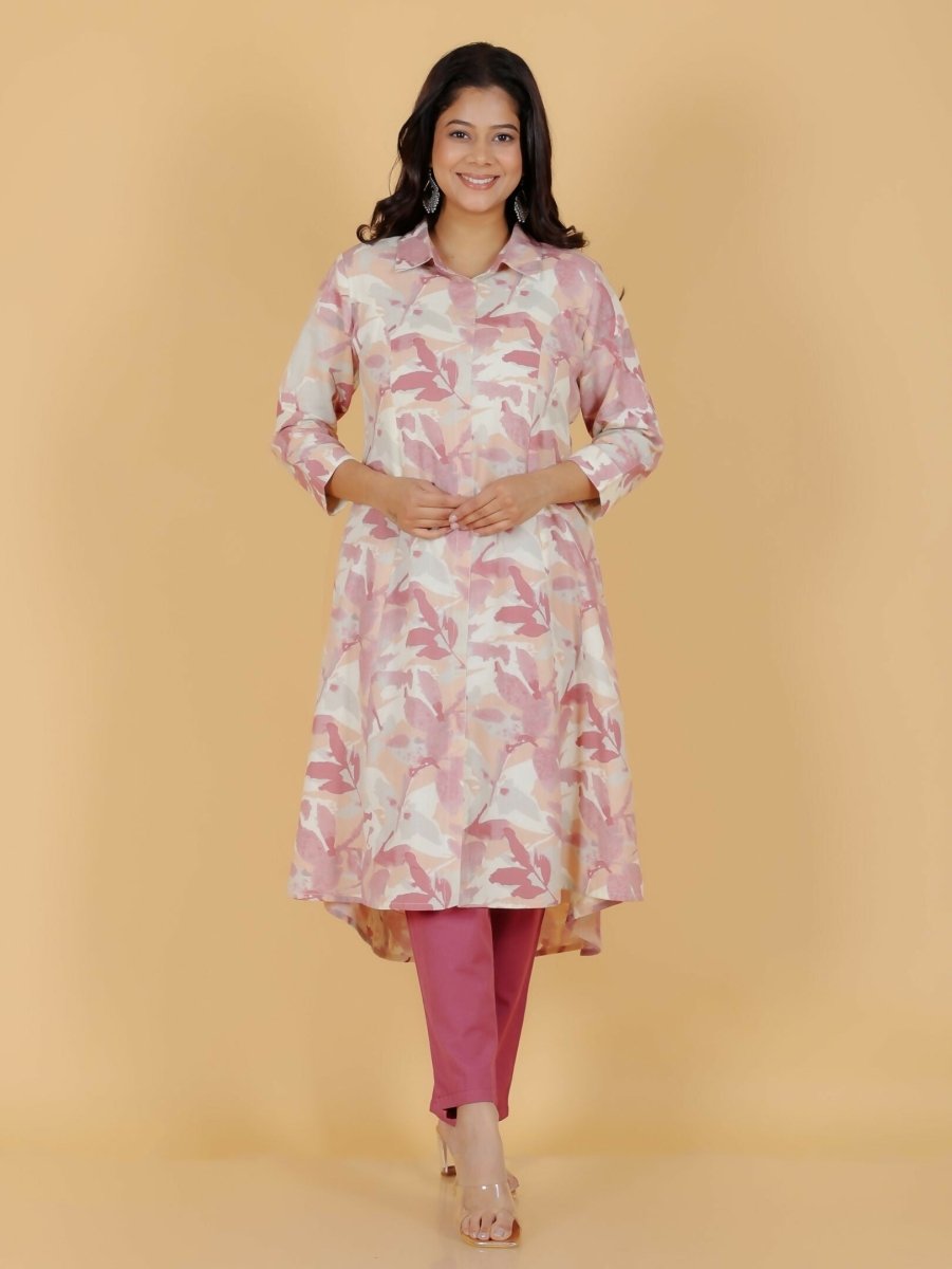 Aramya Pink Linen Cotton Foliage High Low Kurta for Women