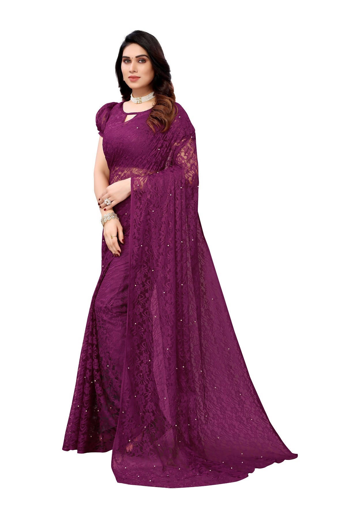 Vamika Ethnic Fire Purple Pearls Net Saree