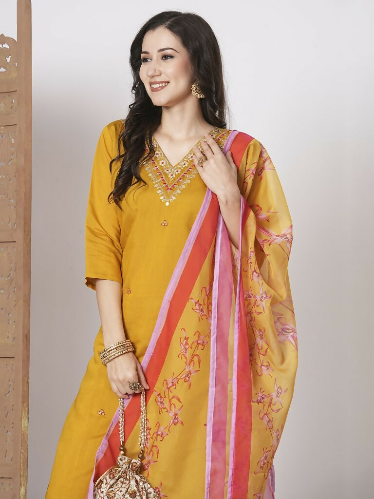 Mustard Viscose Chanderi Embroidery Work, Printed Kurta Set - Riya