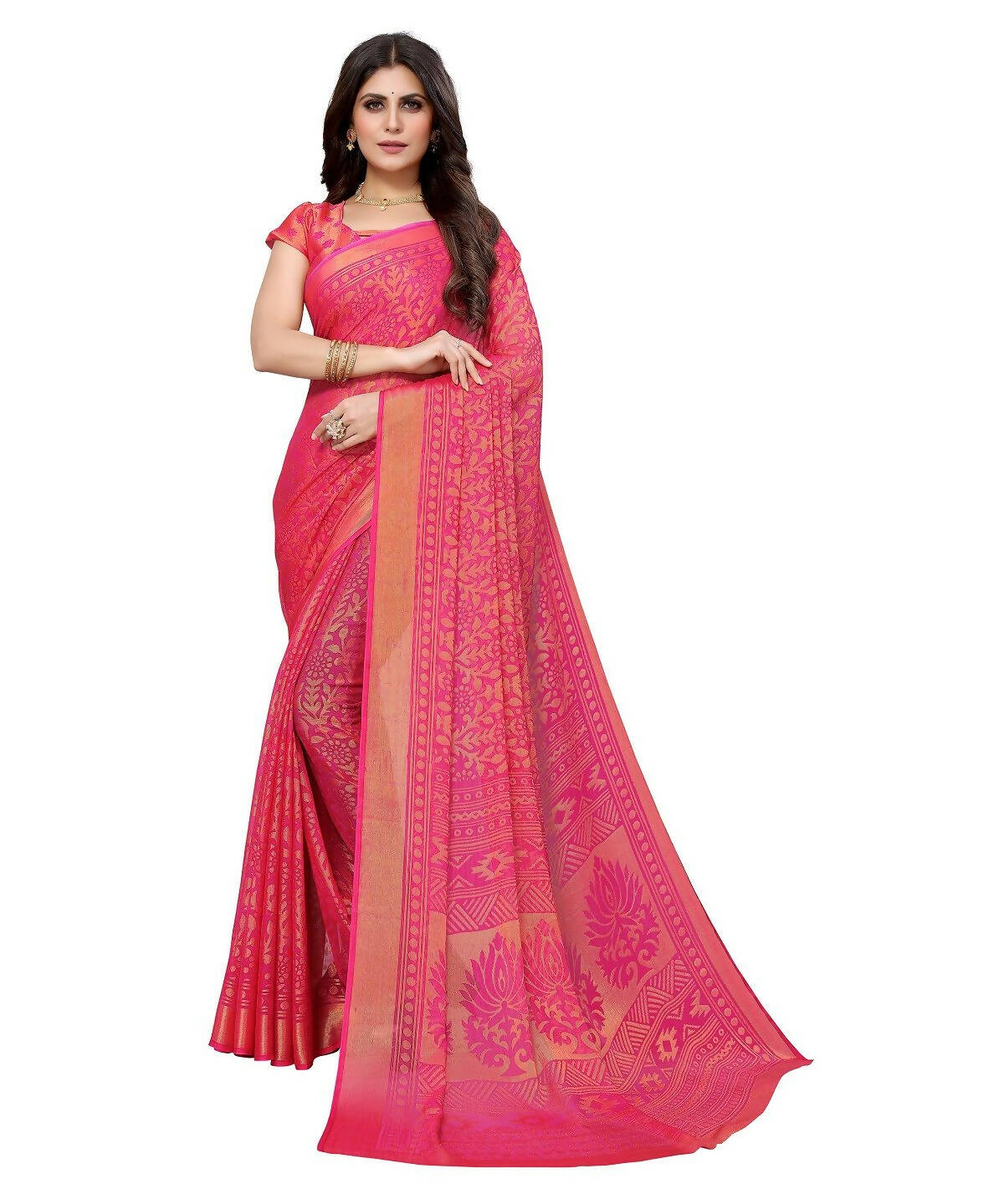 Vamika Pink Chiffon Brasso Bollywood Style Woven Saree (AARADHYA PINK)