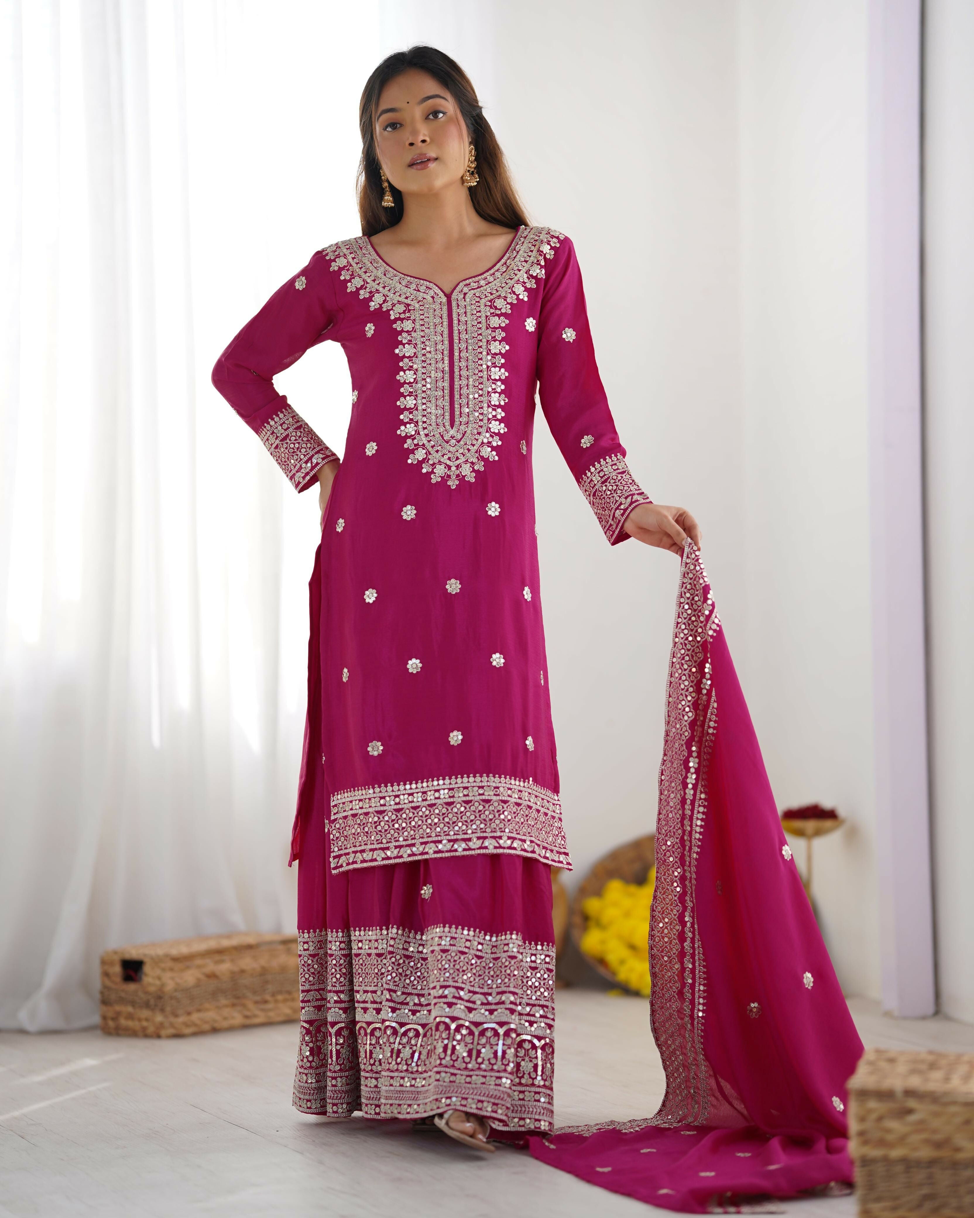 Teeya Creation Pink Color Chinon Silk Heavy Embroidery Work Fully Stitched Salwar Suit