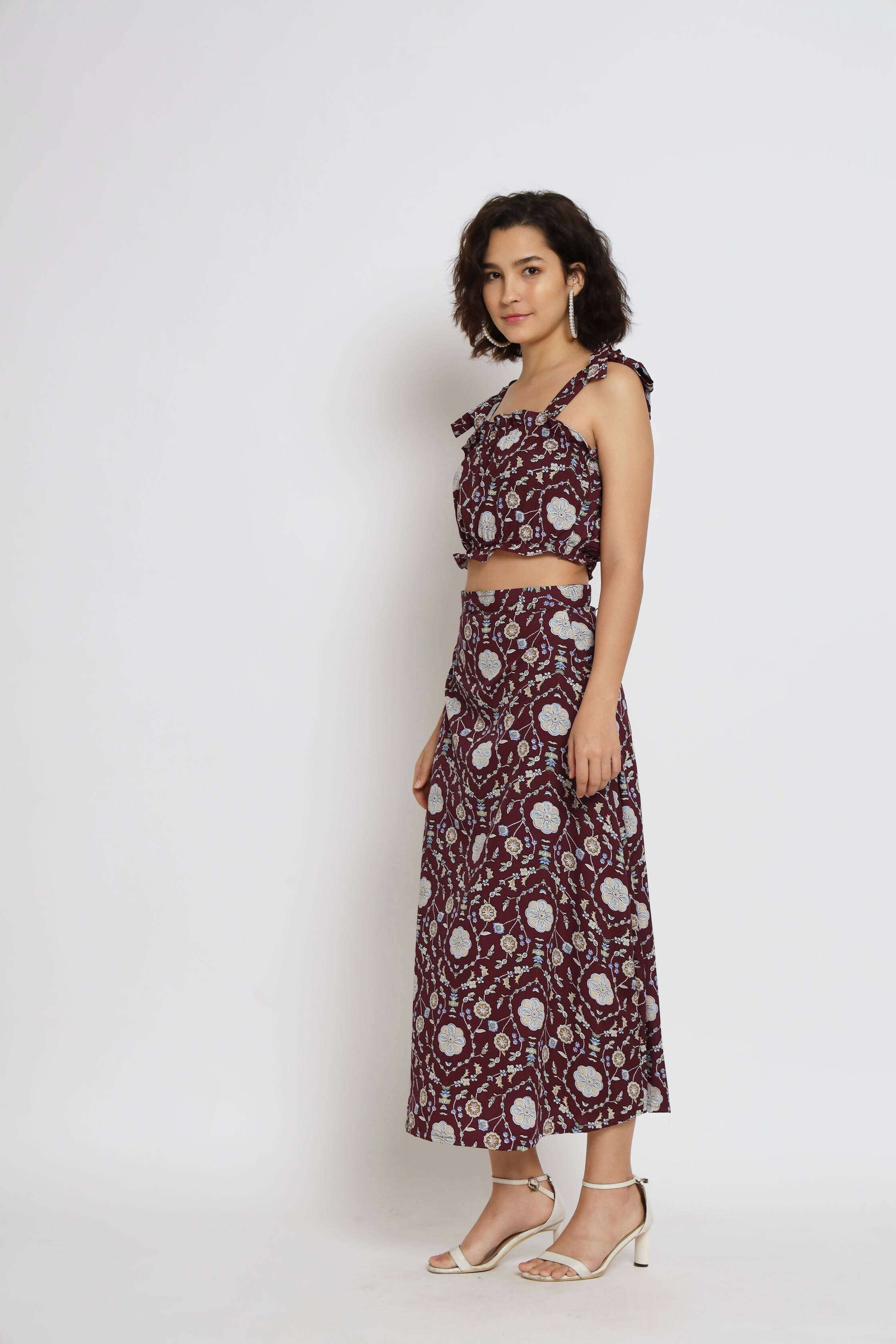 Wine Crepe Floral Printed Top with Matching Skirt - Shivani