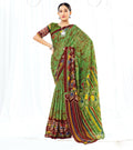 Dark Green Chanderi Cotton Floral Printed Saree With Unstitched Blouse Piece - Kathika