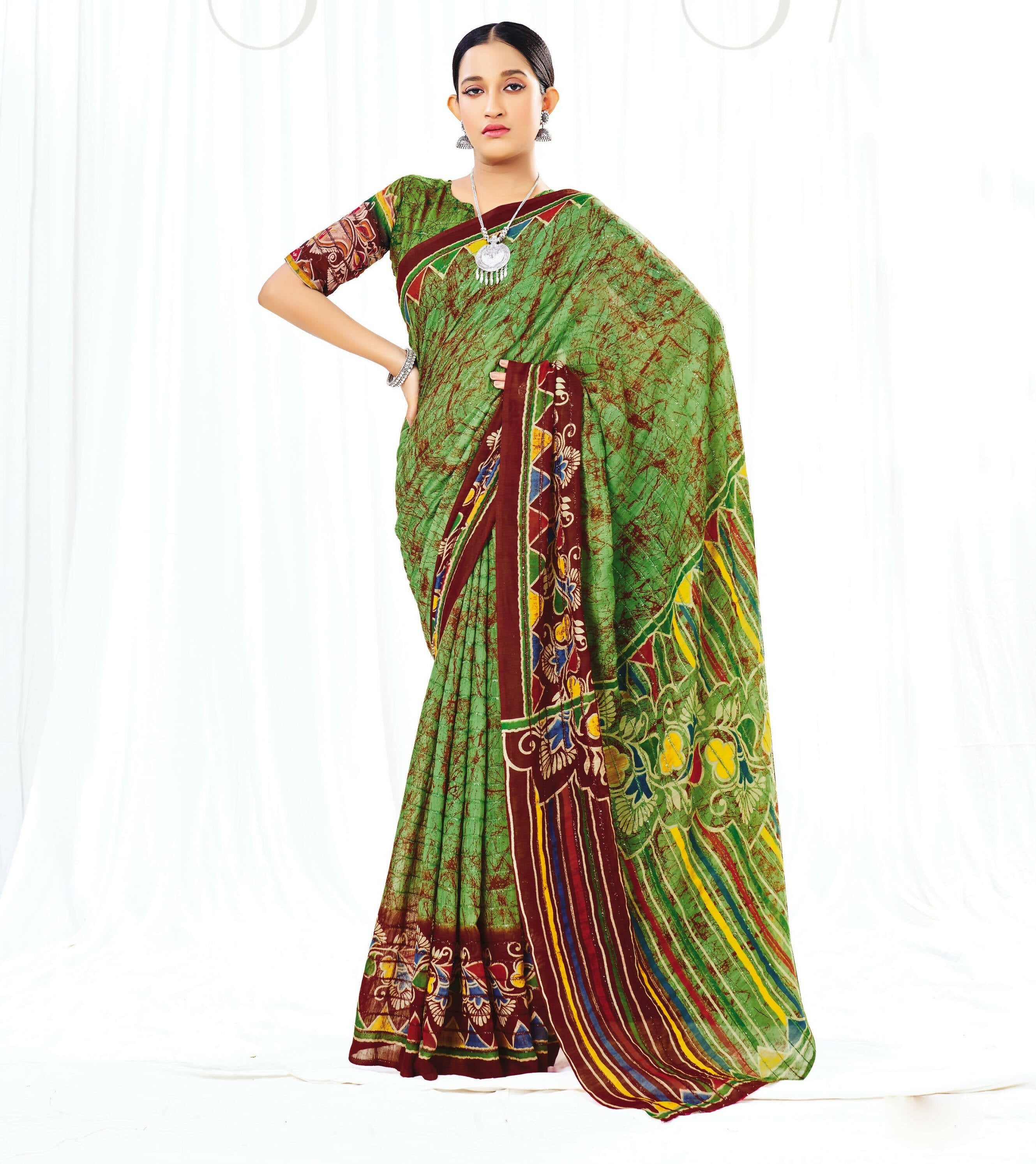 Dark Green Chanderi Cotton Floral Printed Saree With Unstitched Blouse Piece - Kathika