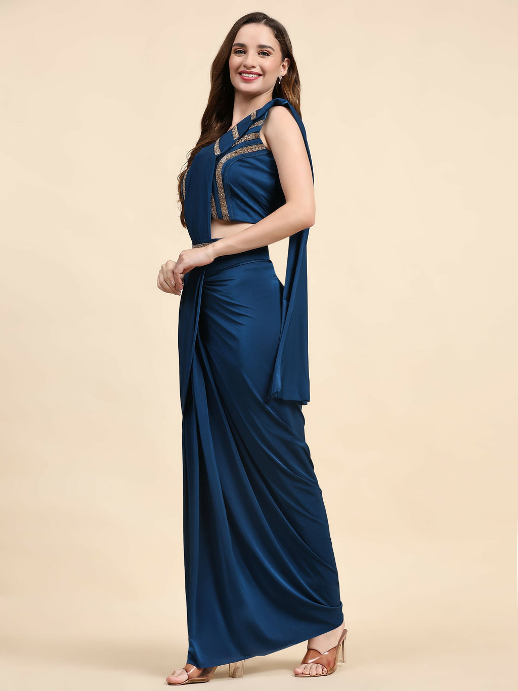 Blue Polyester Solid Ready to Wear Saree with stitched Blouse - Nita