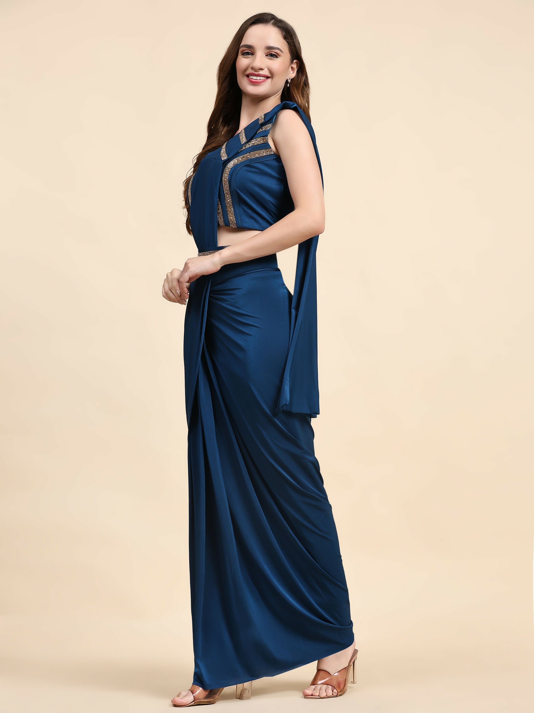 Blue Polyester Solid Ready to Wear Saree with stitched Blouse - Nita