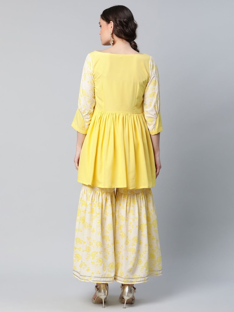 Ahalyaa Women Yellow Crepe Floral Short Kurta with Sharara Set