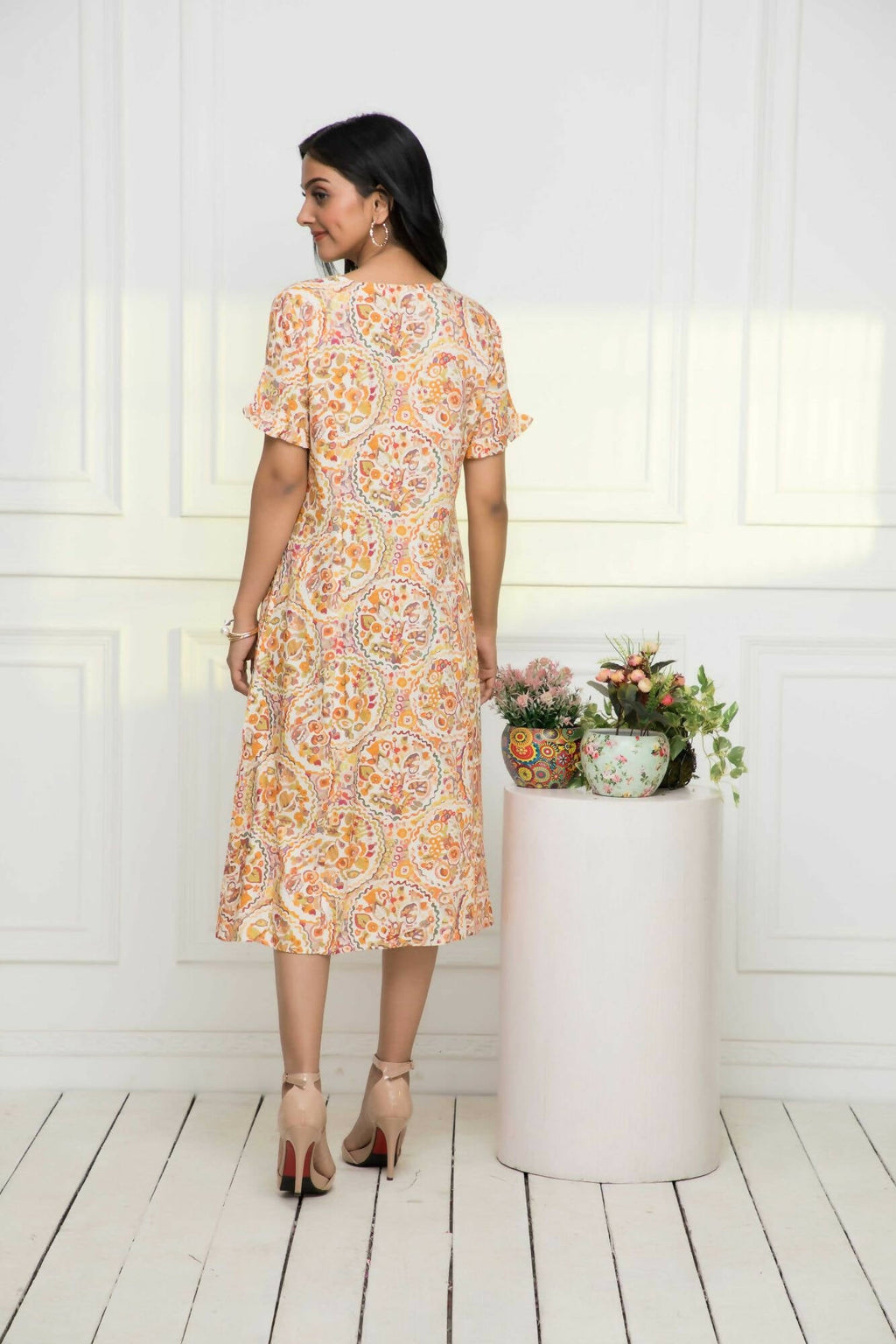 Myshka Women Multi-Abstract Rayon A-Line V-Neck Dress