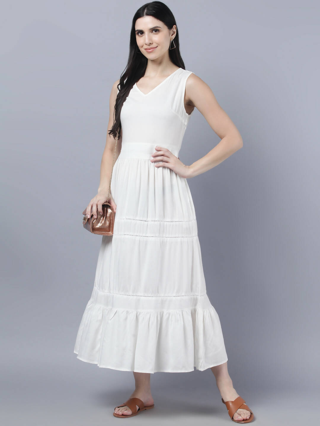 Myshka Women White Solid Maxi Dress
