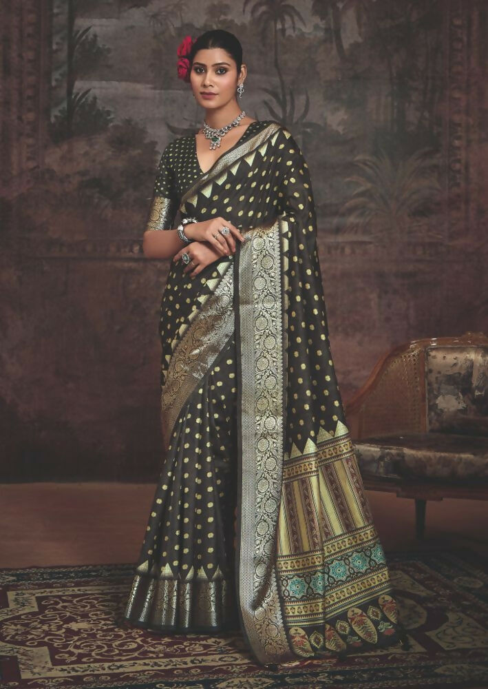 Joban Fashion Grey Dola Tussar Silk Self Jacquard Border Saree