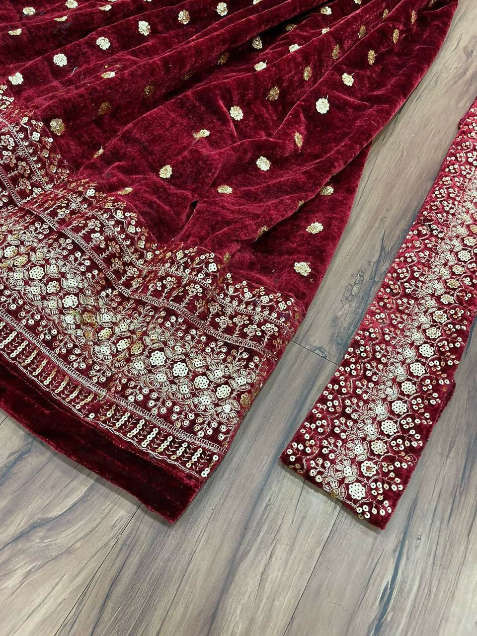 Vastranavya Wine Viscose Velvet Sequence Embroidery Work Gown Dupatta With Belt