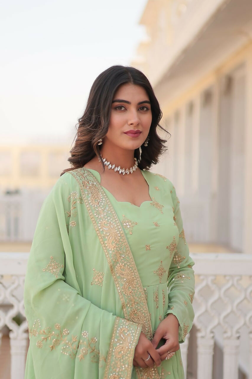 Vastranavya Faux Georgette with Zari & Sequins Embroidery Work Gown with Dupatta - Turquoise