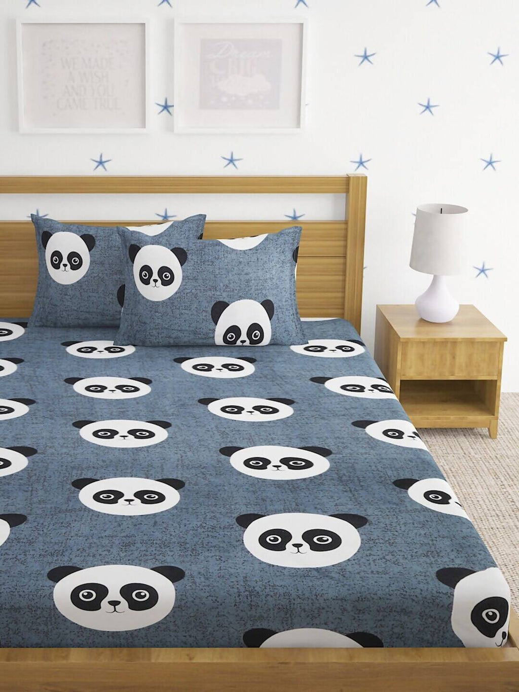Home Sizzler Grey & White Panda 210 TC Bedsheet with Pillow Cover