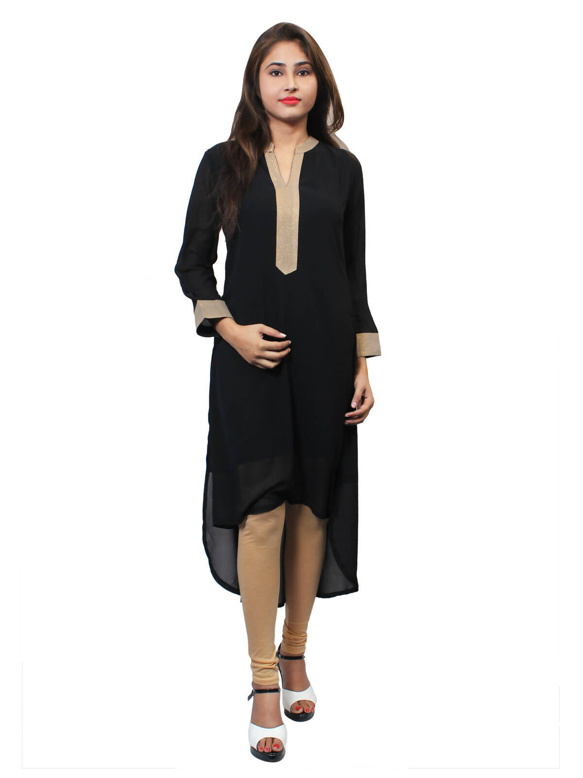 Women's Black Kurti With Zari Placket, Up Down Look - G & A Apparels
