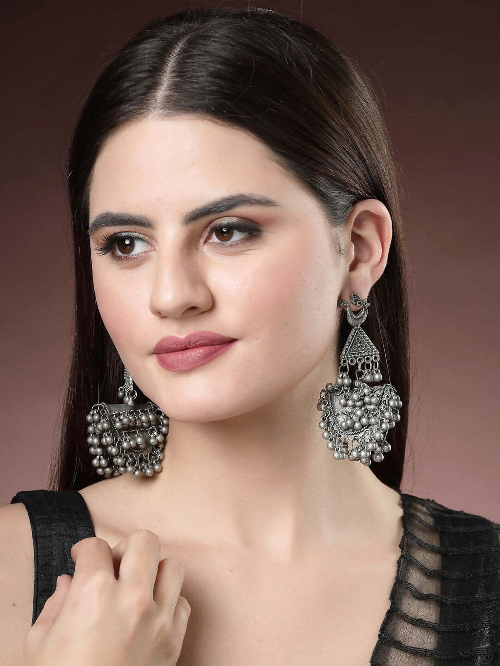 NVR Women's Silver-Plated Oxidised Contemporary Drop Earrings