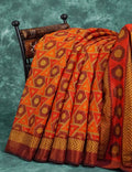 Orange and brown mix geometrical print Semi Chanderi Saree. By Gayathri Reddy Designer Studio