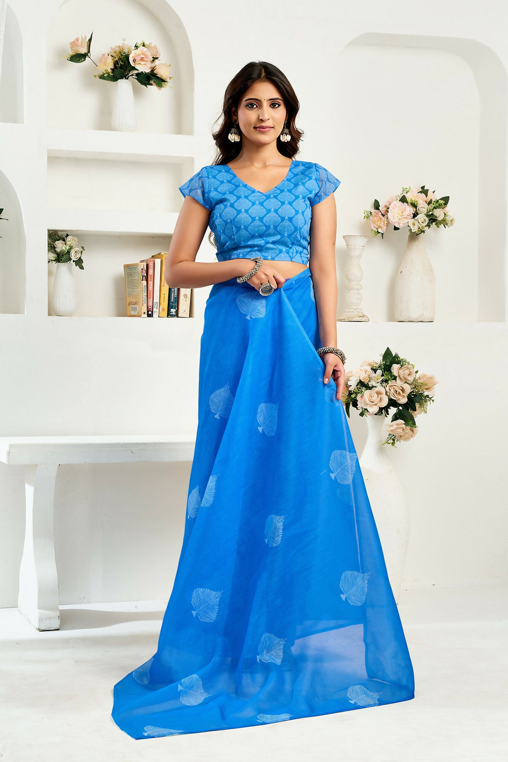 Vastranavya Blue Digital Printed Linen Ready To Wear Designer Saree with Unstitched Blouse