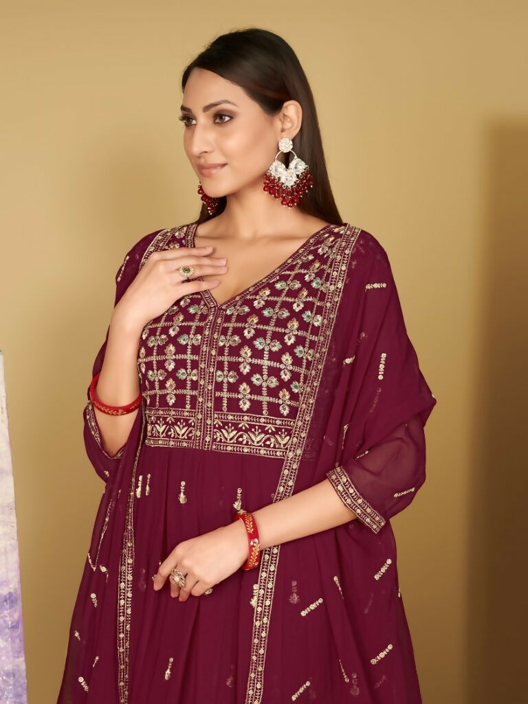 Jyoti Fashion Women's Rani Pink Georgette Embroidered Anarkali Kurta Pant Set With Dupatta
