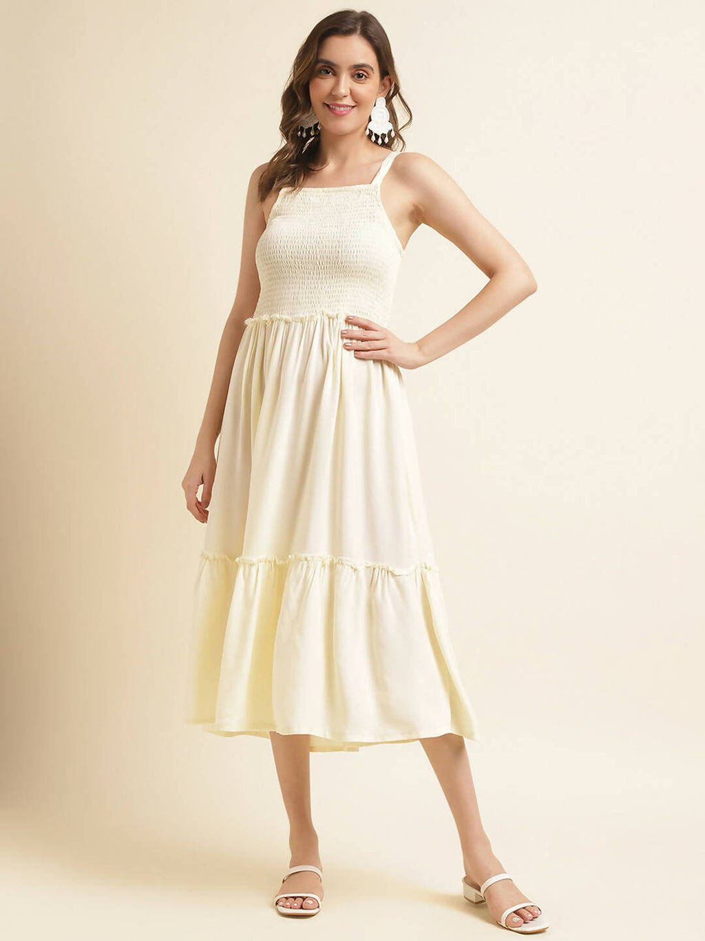 White Cotton Solid Flared Dress with Printed Shrug - Yukti