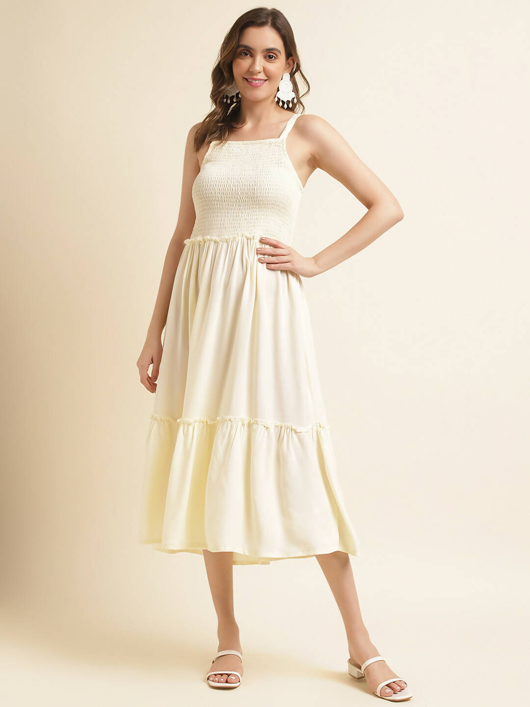 White Cotton Solid Flared Dress with Printed Shrug - Yukti