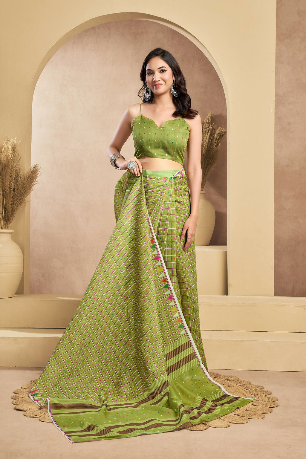 Vastranavya Mehendi Digital Printed Linen Ready To Wear Designer Saree with Unstitched Blouse