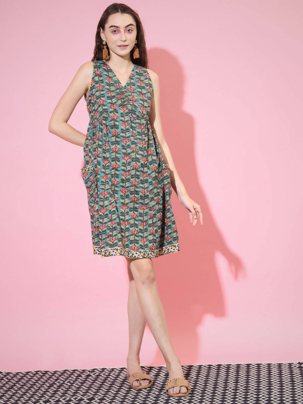 Myshka Women's Green Floral Printed A-Line Dress