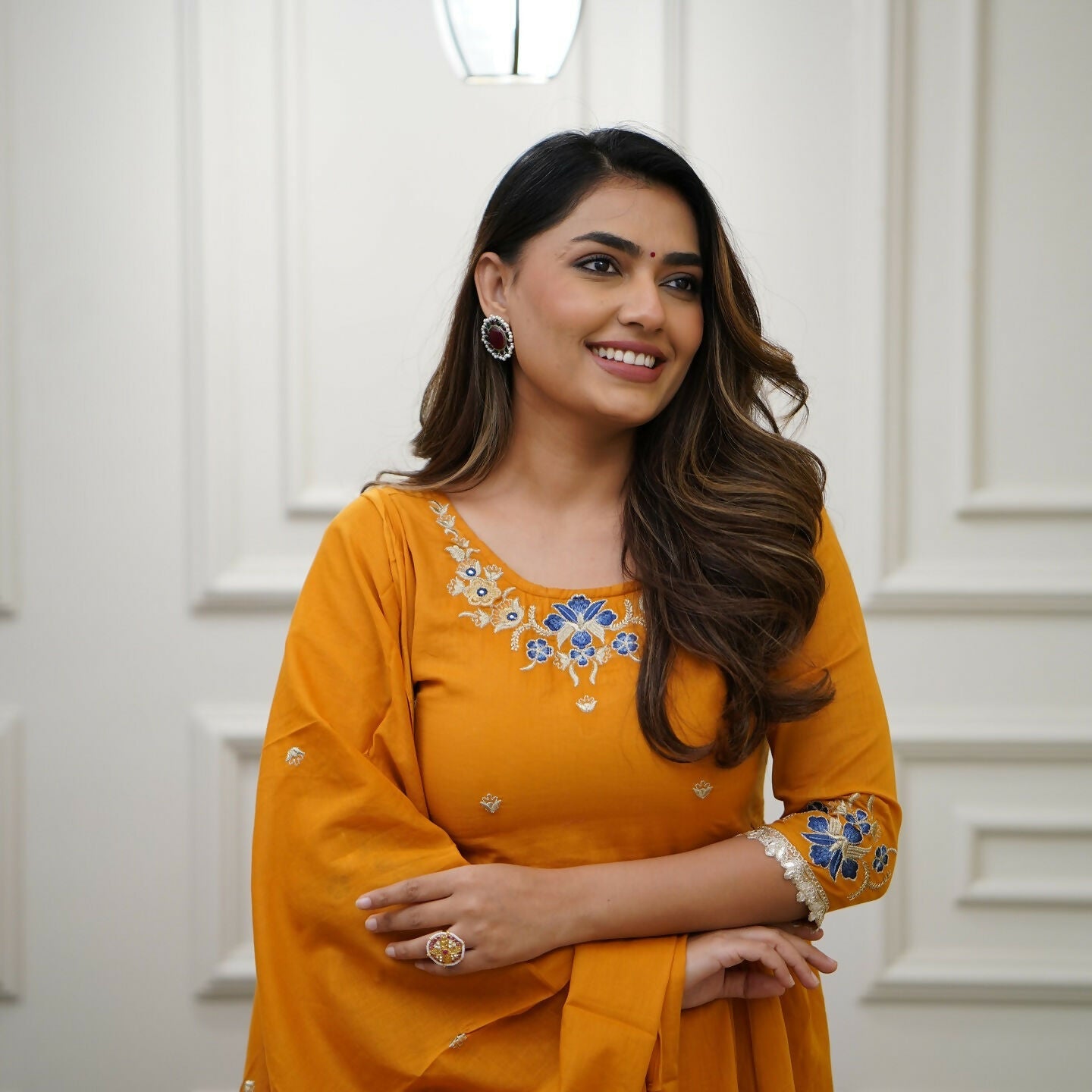 The52 Orange Women's Gorgeous Viscose Fabric Embroidered Work Flared Kurta Pant and Dupatta Set