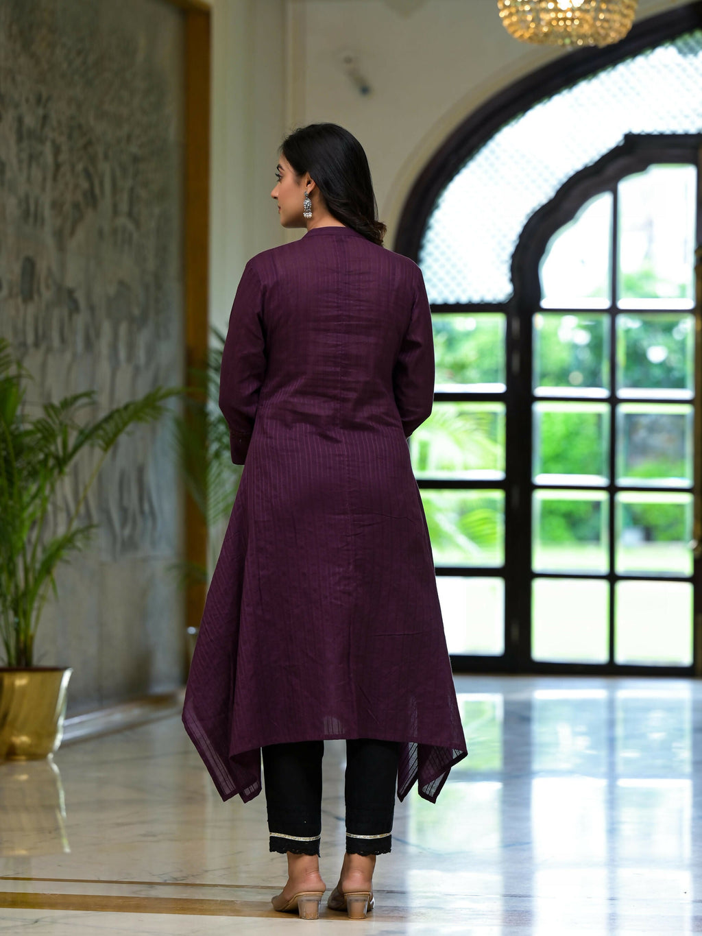 Juniper Women's Plum Thread Embroidered Cotton Asymmetrical Kurta With Button Closure
