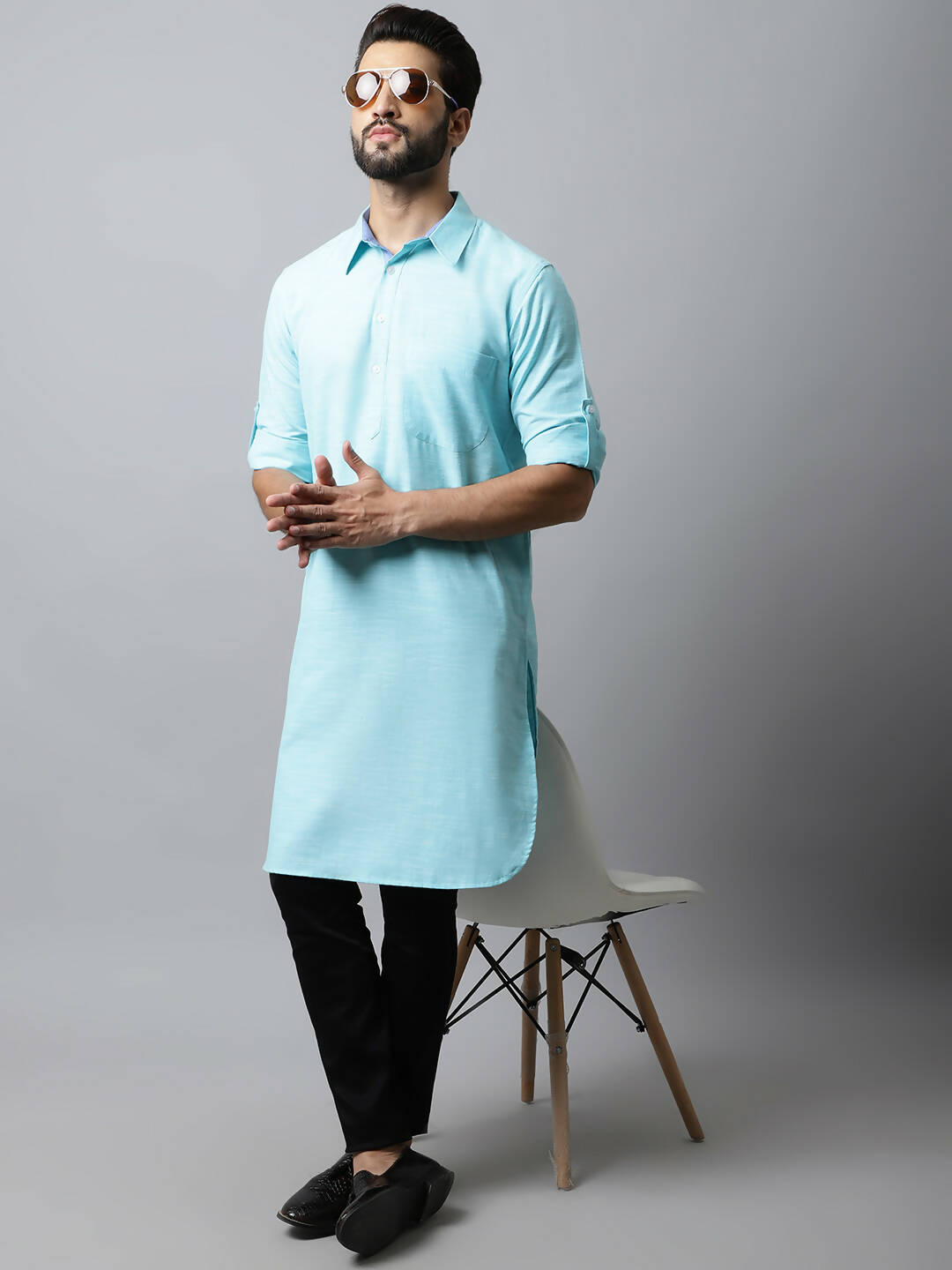 Even Apparels Blue Color Pure Cotton Solid Men's Kurta With Shirt Collar (SLD1132)