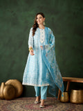 Blue Crystal Organza schiffli embroidery Kurta With Trouser & Dupatta - Bhumi