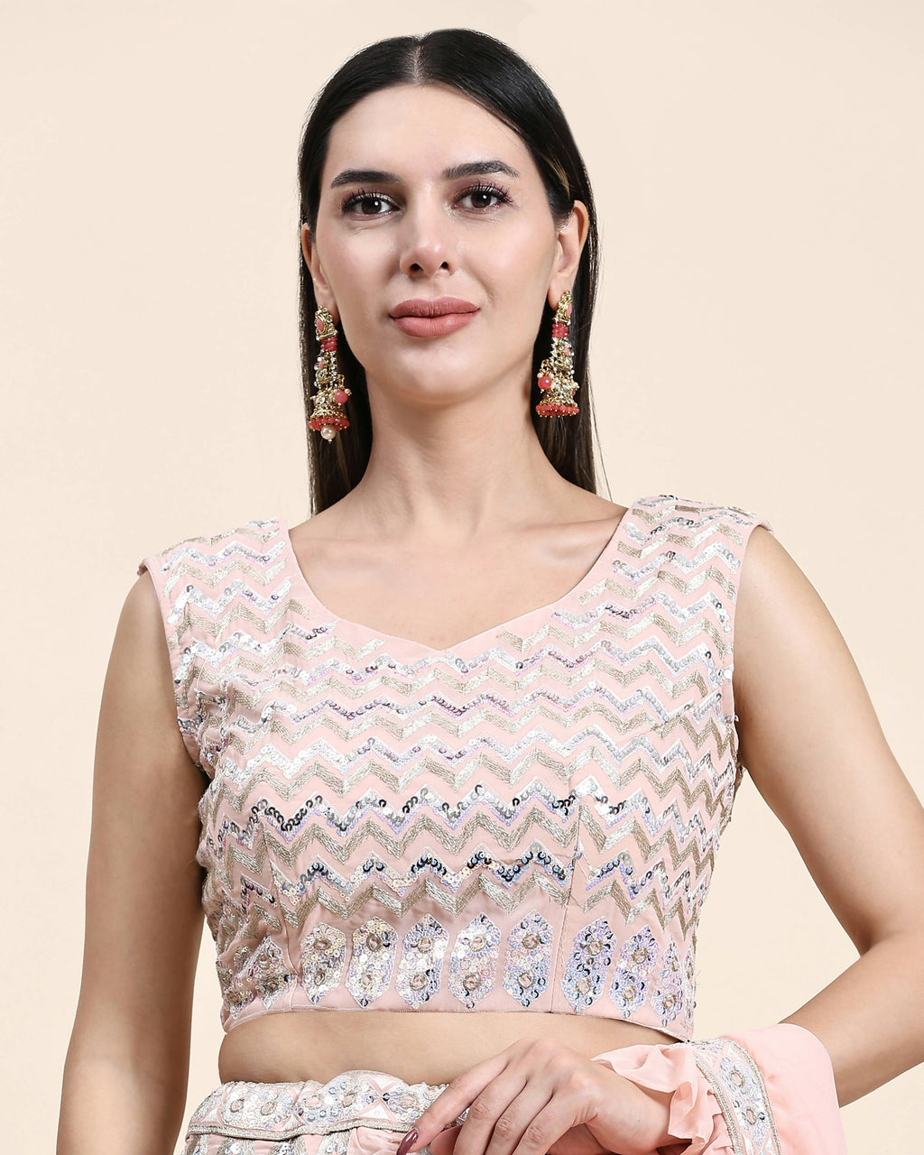Peach Pure Viscose Georgette Thread With Sequins Embroidery Work Lehenga Choli With Dupatta - Tanya