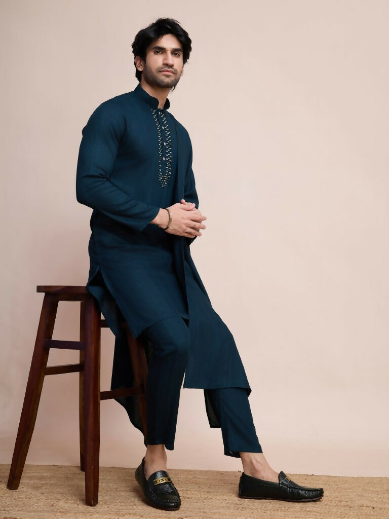 Vastranavya Traditional Festival Wear Viscose Thread & Sequence Embroidered Work Kurta Pant Set - Navy Blue