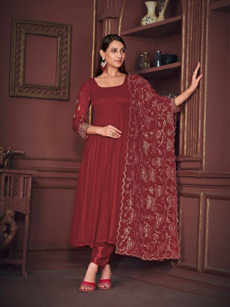 Jyoti Fashion Women's Maroon Georgette Embroidered Anarkali Kurta Pant Set With Dupatta