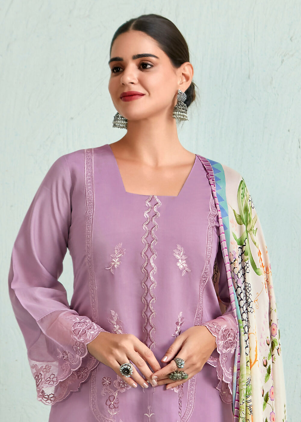 Lilac Pink Pure Muslin Resham Embroidered Salwar Suit - Emponline